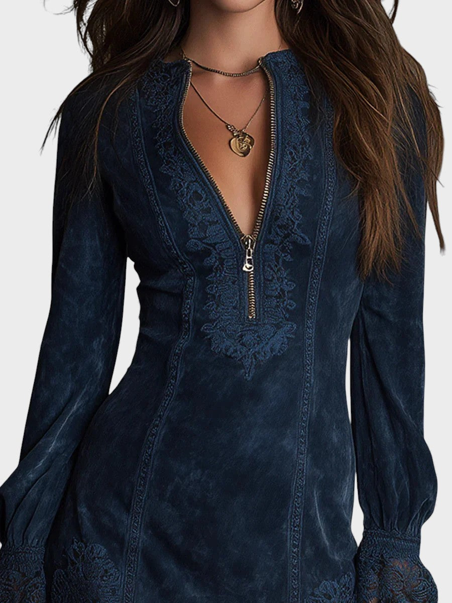 Celeste | Vestido Corto Efecto Ante con Encaje