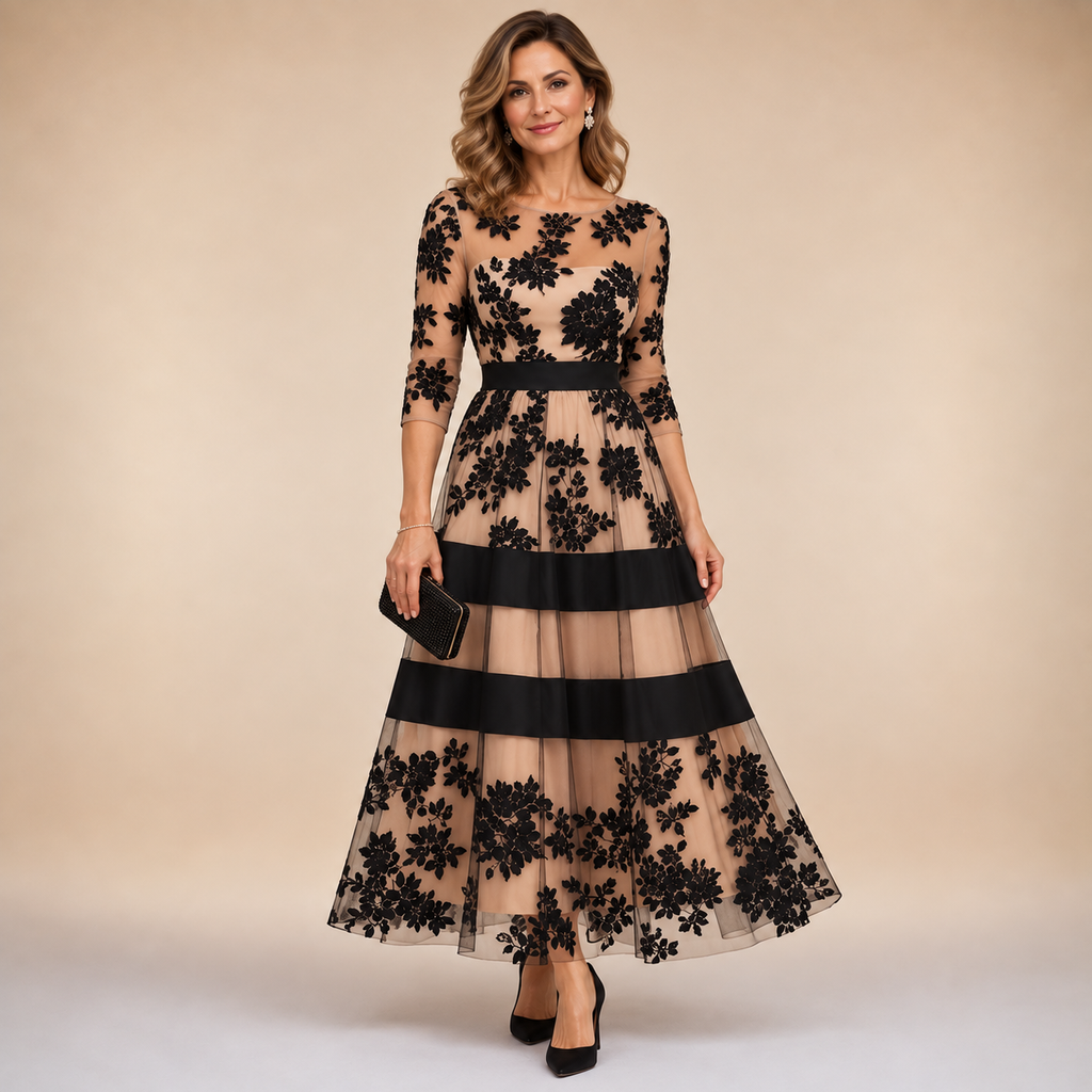 Amelia | Vestido Midi de Encaje Negro y Nude