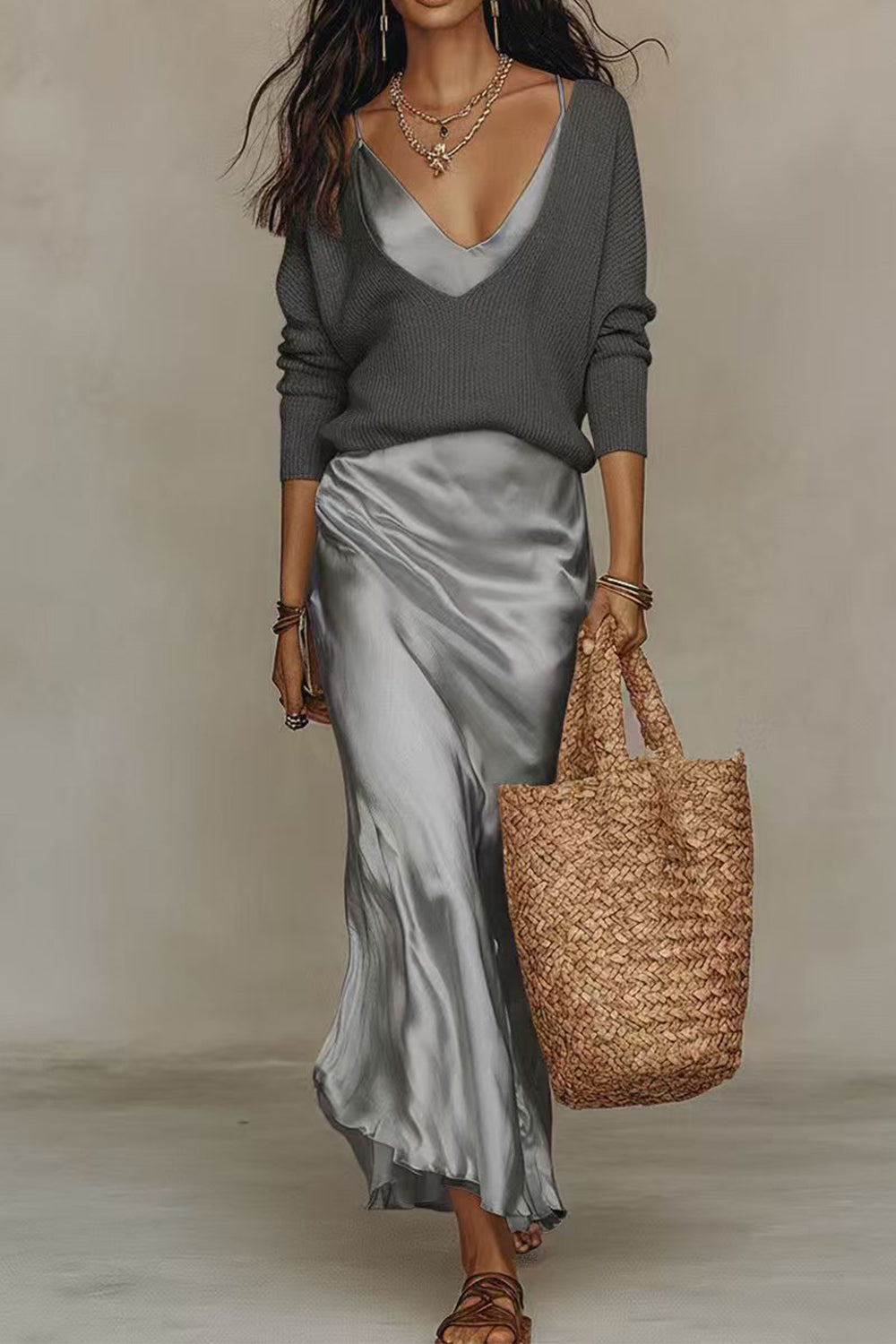 Jovita | Conjunto de Jersey y Vestido Largo de Satén