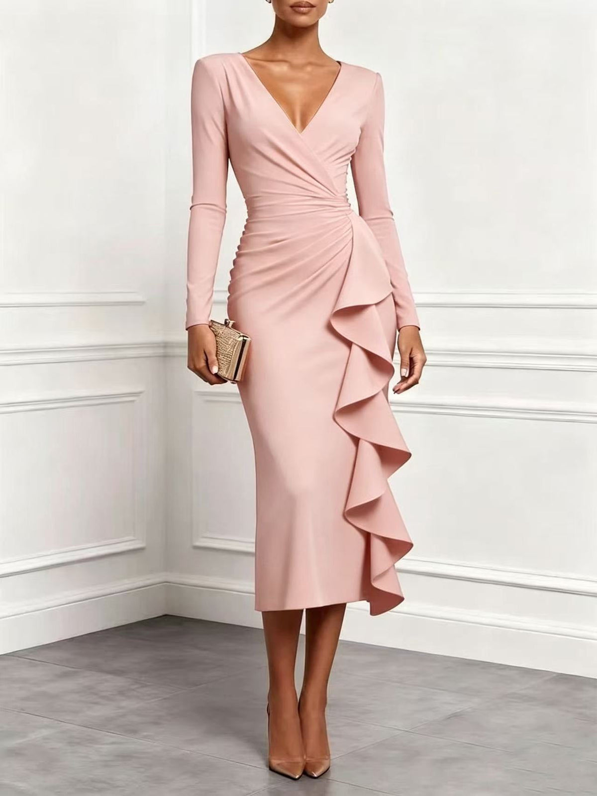 Rocío | Vestido Midi Cruzado de Manga Larga