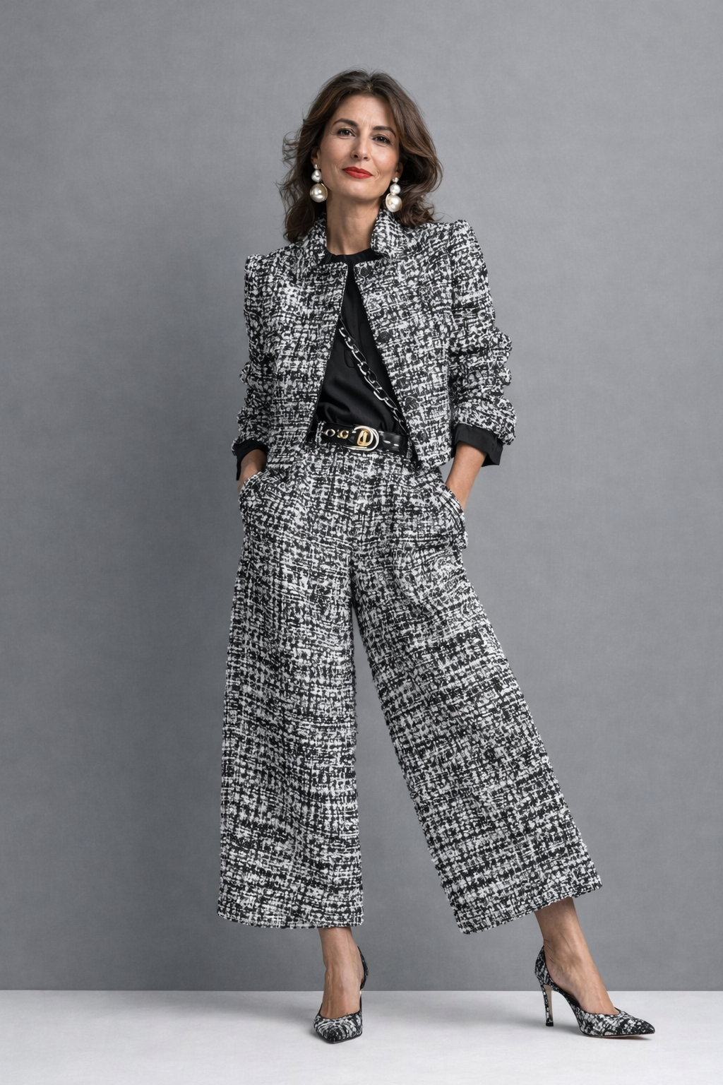 Lorena | Conjunto de Tweed con Chaqueta Corta y Pantalón Ancho