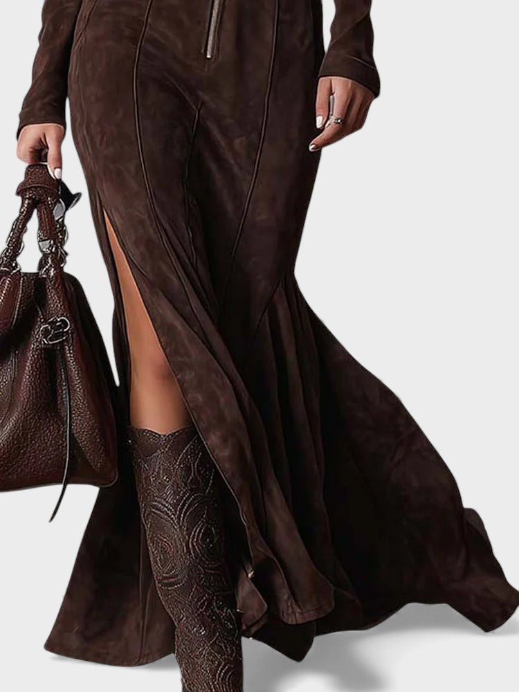 Mercedes | Vestido Largo Efecto Piel con Cinturón