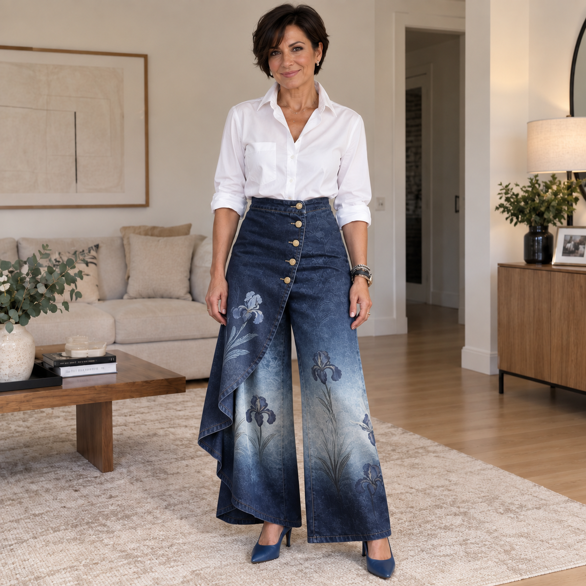 Mireia | Pantalón Ancho Efecto Denim Asimétrico