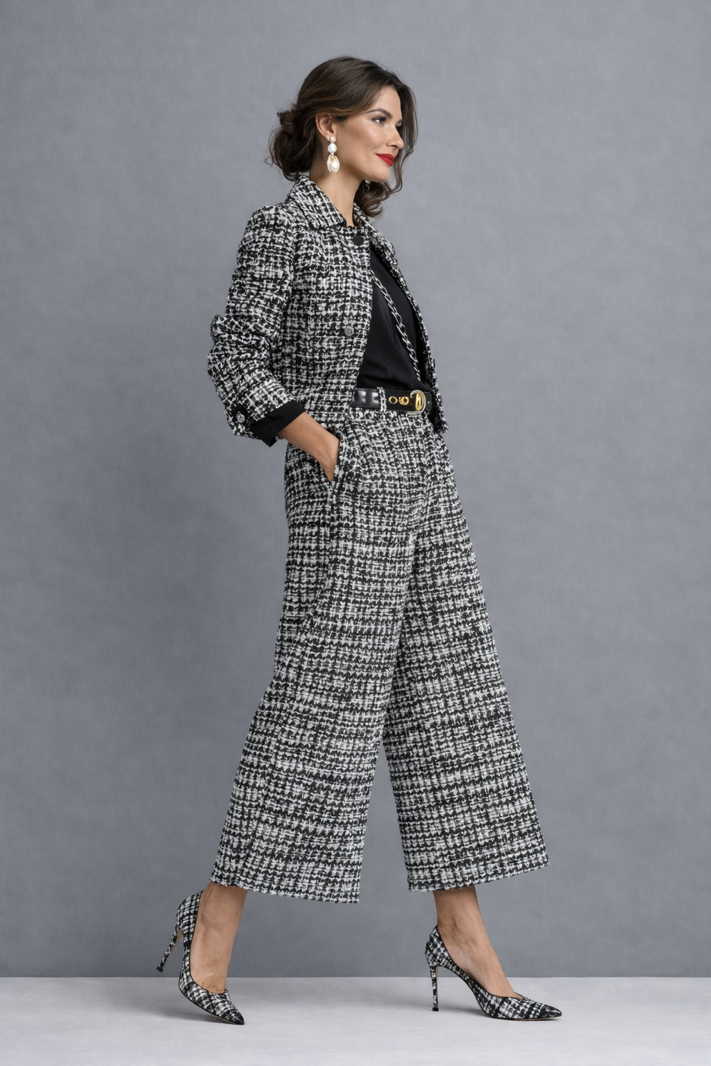 Lorena | Conjunto de Tweed con Chaqueta Corta y Pantalón Ancho