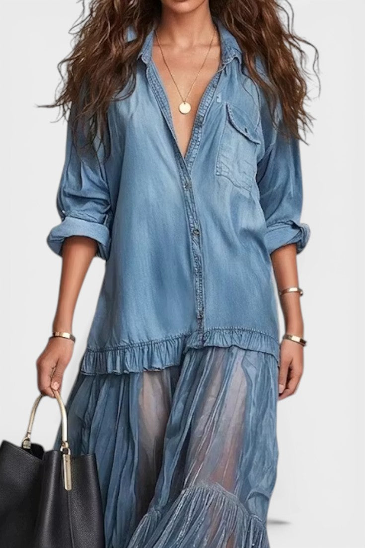 Margot | Vestido Largo con Camisa Vaquera y Falda de Tul con Lentejuelas