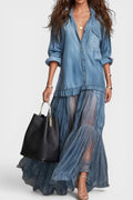 Margot | Vestido Largo con Camisa Vaquera y Falda de Tul con Lentejuelas