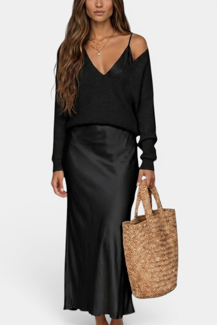 Léandra | Conjunto de Jersey y Vestido Lencero Satinado