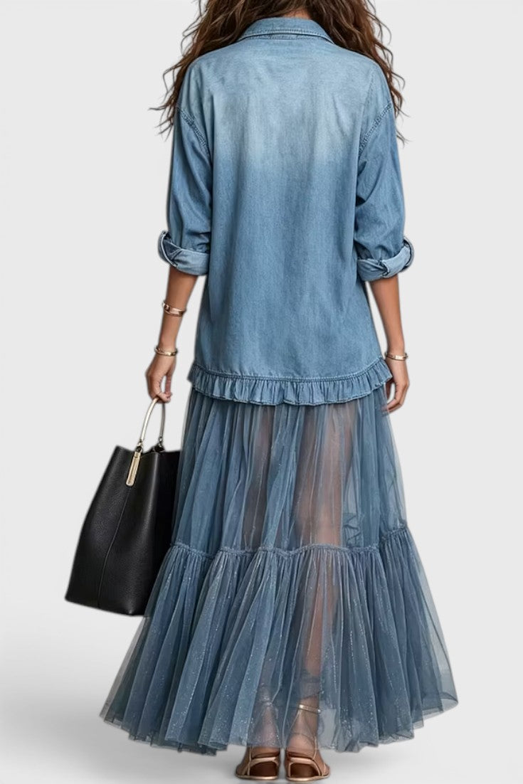 Margot | Vestido Largo con Camisa Vaquera y Falda de Tul con Lentejuelas