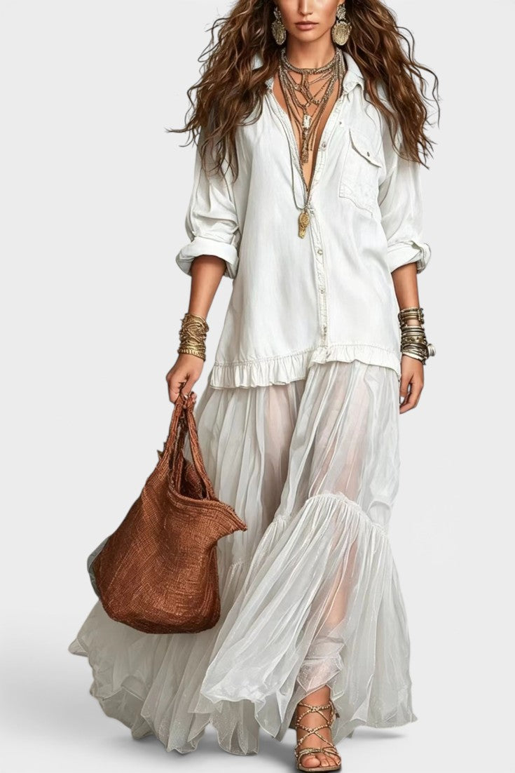 Margot | Vestido Largo con Camisa Vaquera y Falda de Tul con Lentejuelas