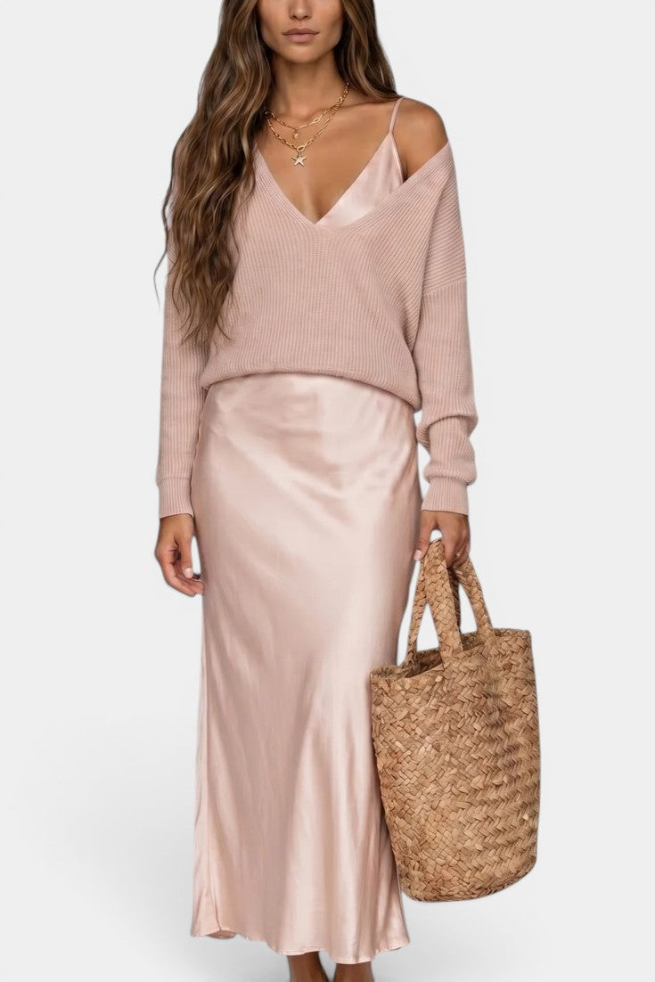 Léandra | Conjunto de Jersey y Vestido Lencero Satinado