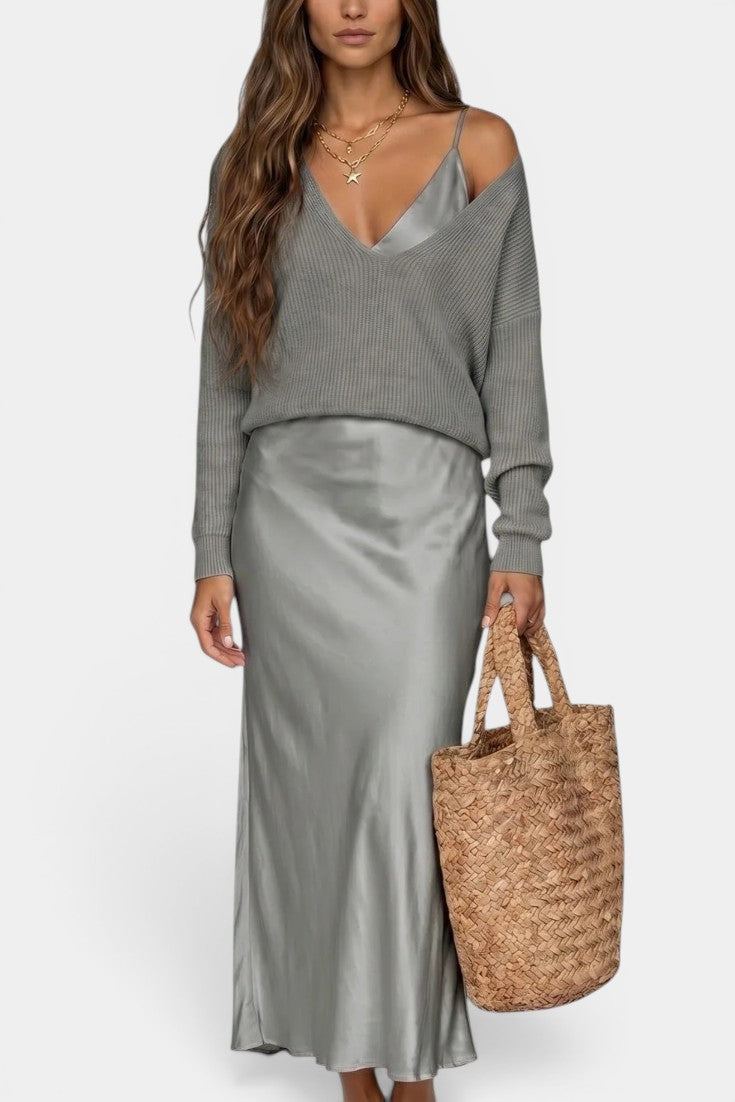Léandra | Conjunto de Jersey y Vestido Lencero Satinado