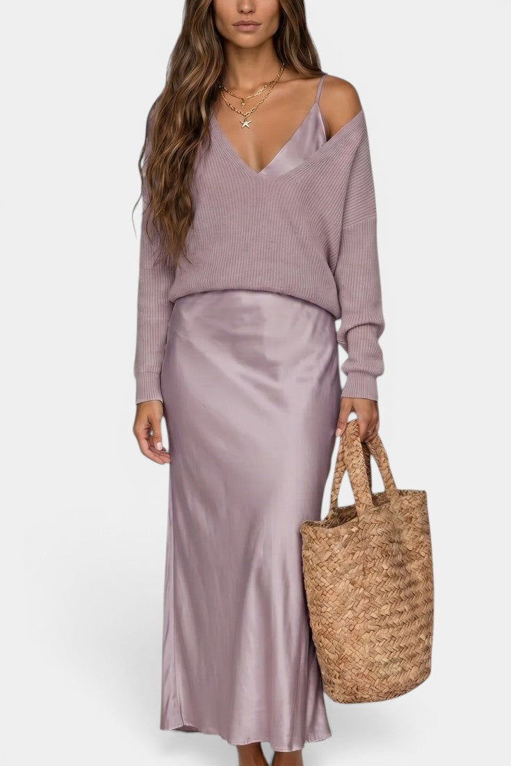 Léandra | Conjunto de Jersey y Vestido Lencero Satinado