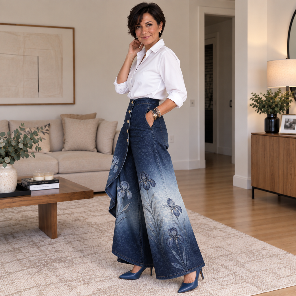 Mireia | Pantalón Ancho Efecto Denim Asimétrico