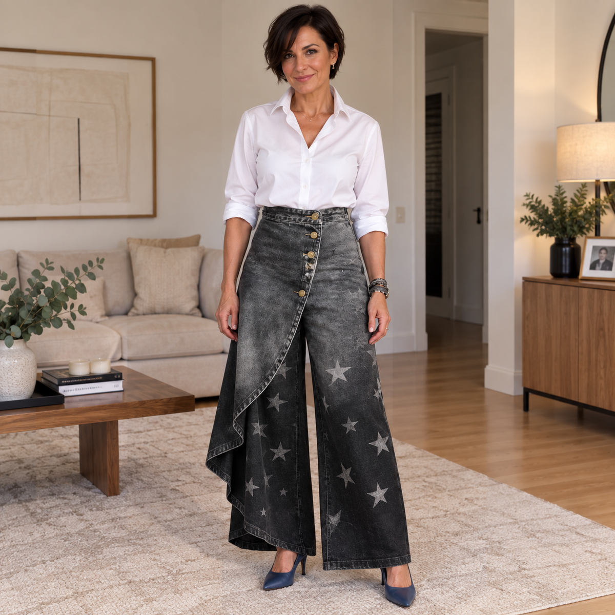 Mireia | Pantalón Ancho Efecto Denim Asimétrico