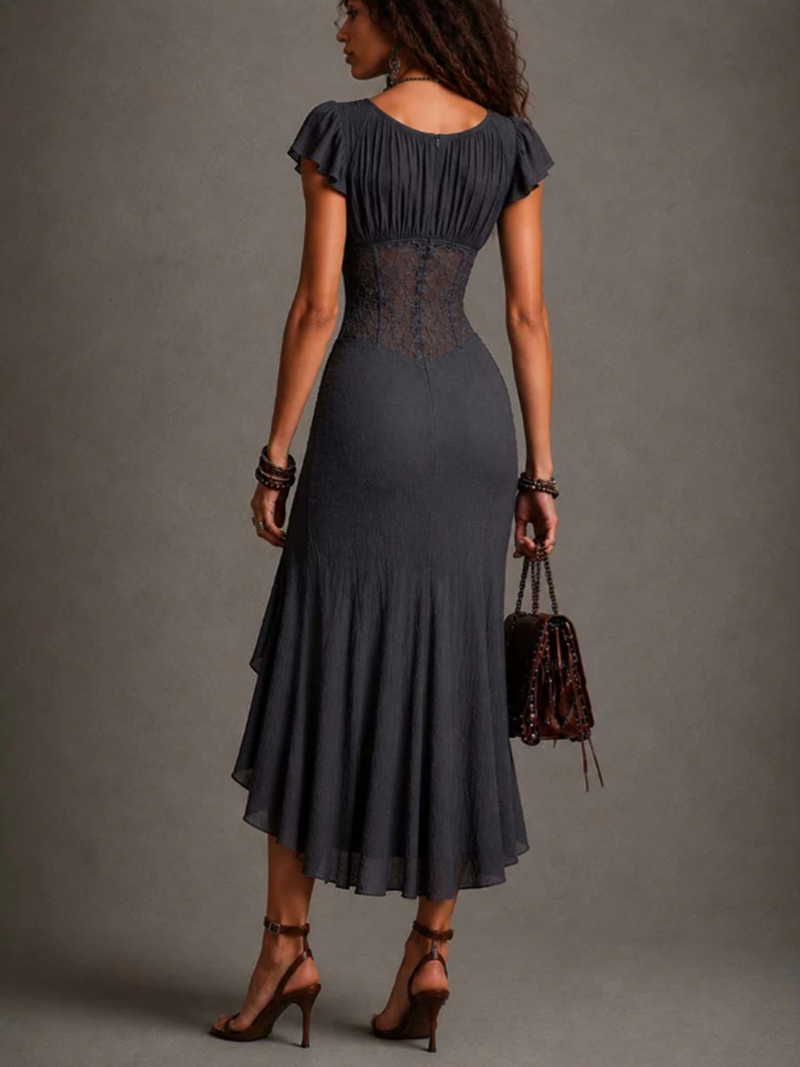 Camelia | Vestido Midi de Encaje Gris Antracita