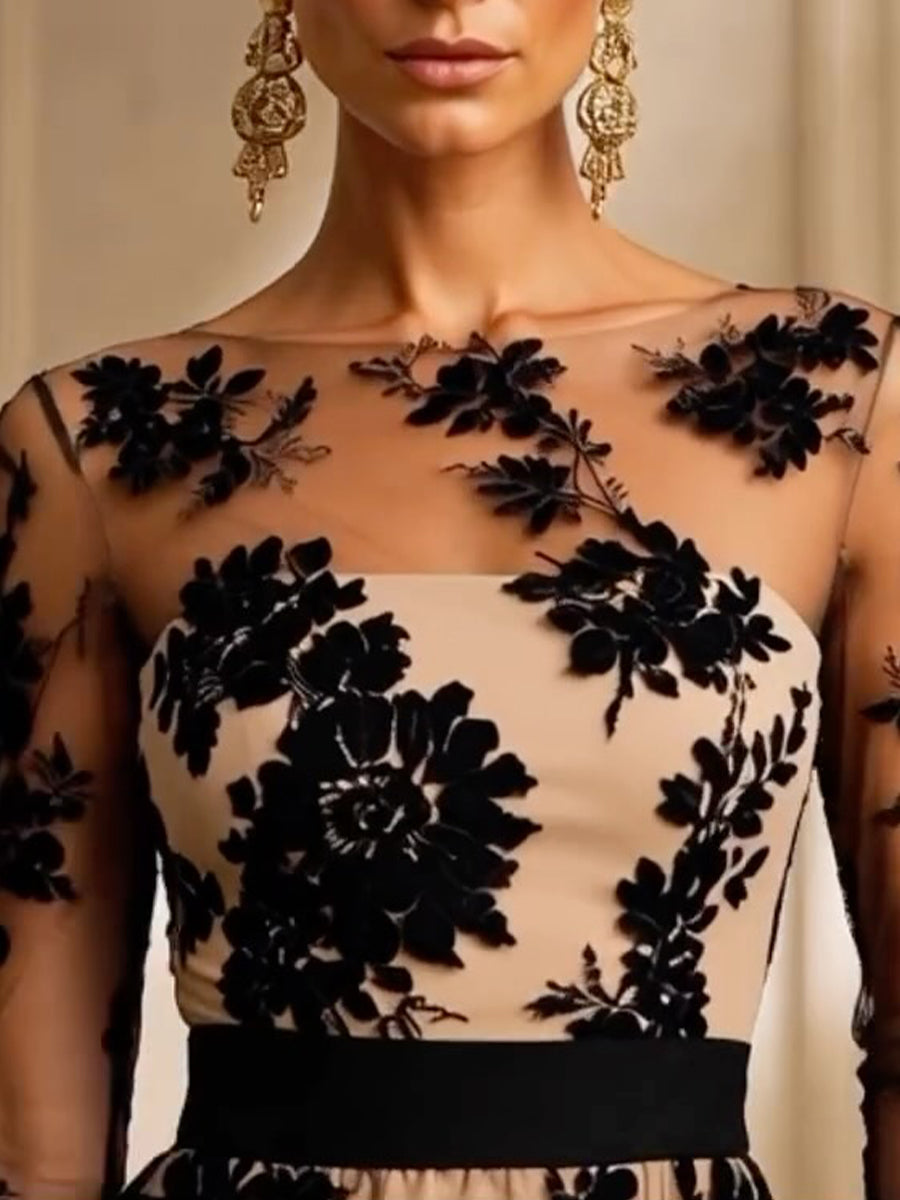 Amelia | Vestido Midi de Encaje Negro y Nude